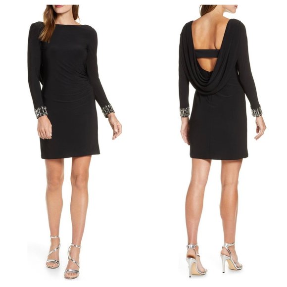 Eliza J Black Crystal Cuff Drape Back Dress 6